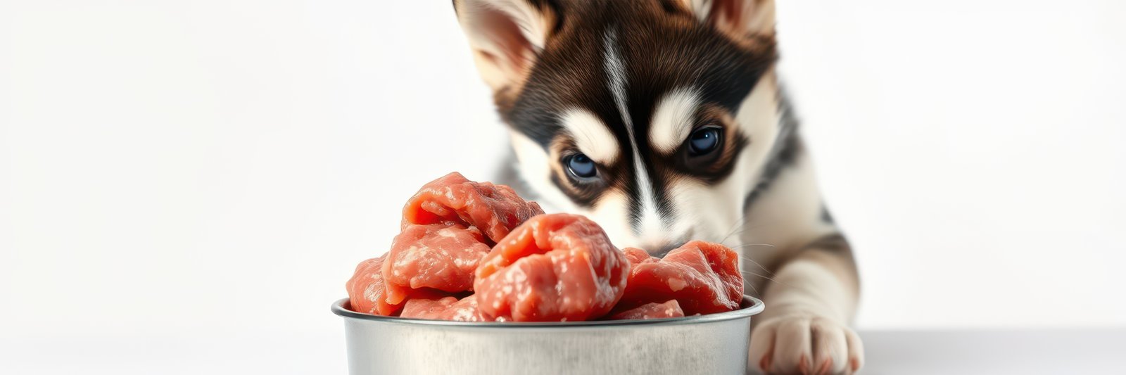 Happy puppy excitedly enjoying a bowl of fresh meat during meal time